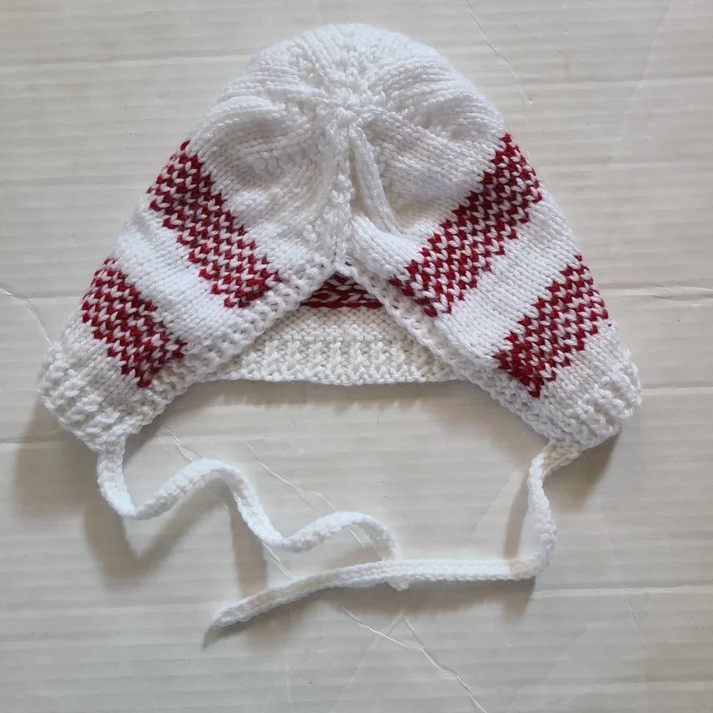 Baby Girl Knit Hat Bonnet White Red Front Tie Handmade Size 5-9 Months